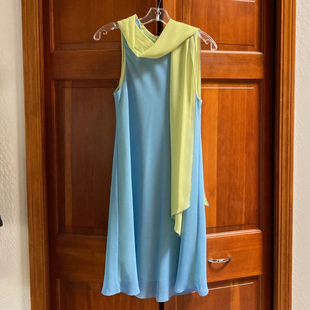 Boutique Geary Roark Kamisato Sleeveless Dress blue/lime green w/scarf - Size 10